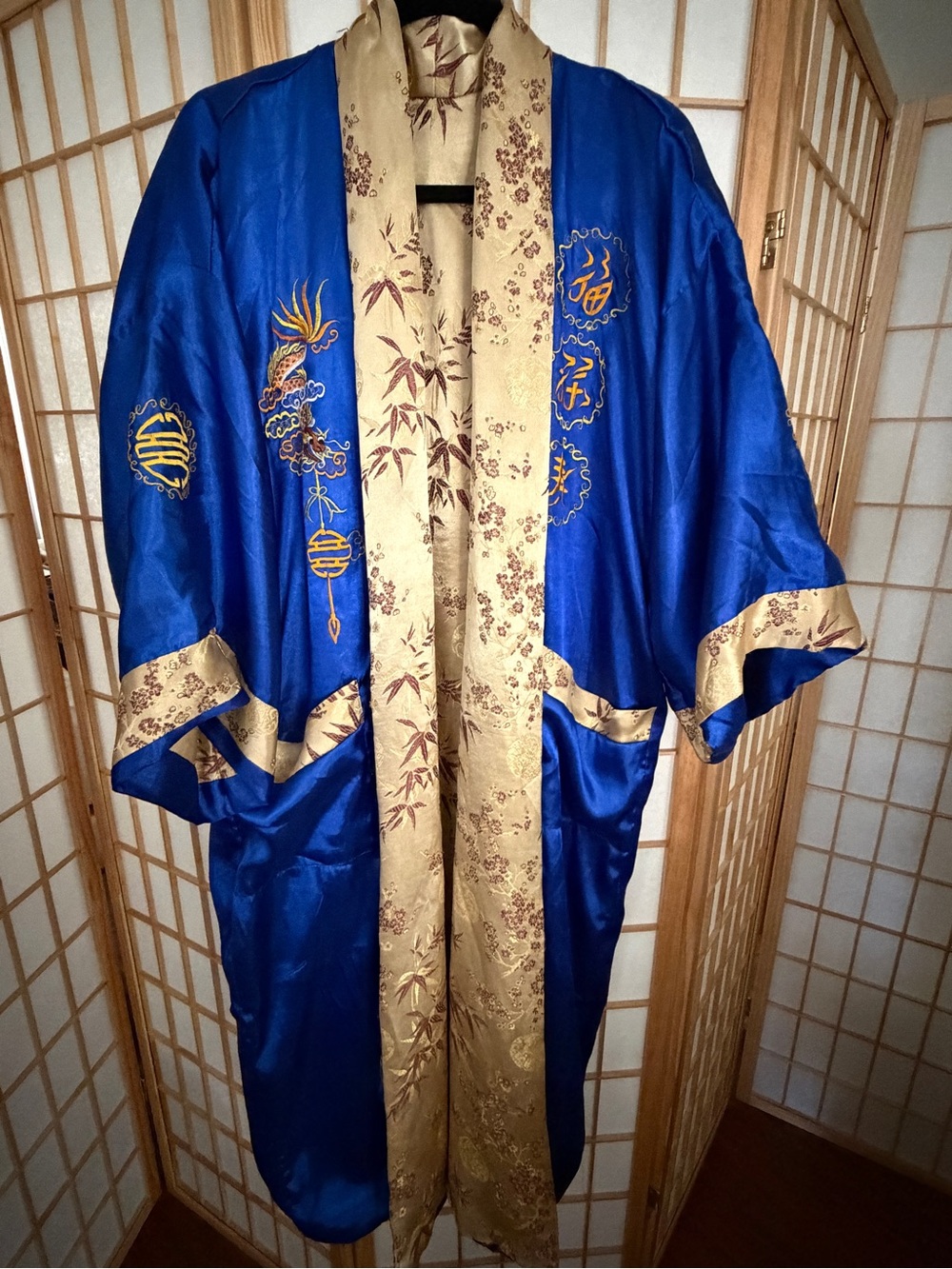 Riversable Blue Beige Satin Embroidered Kimono Robe Duster with Contrasting Trim